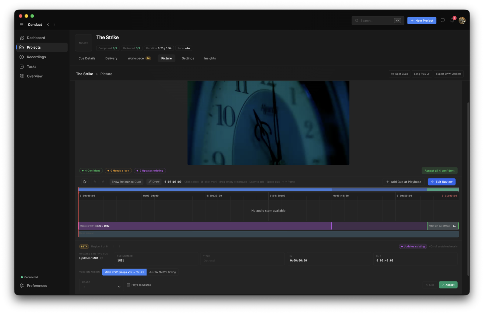 The AutoSpot review screen showing colour-coded detected music regions on a timeline