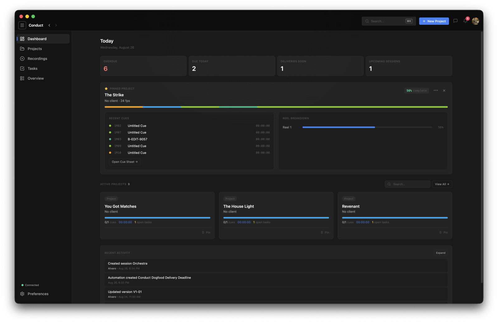 The Conduct dashboard showing upcoming deadlines and open work