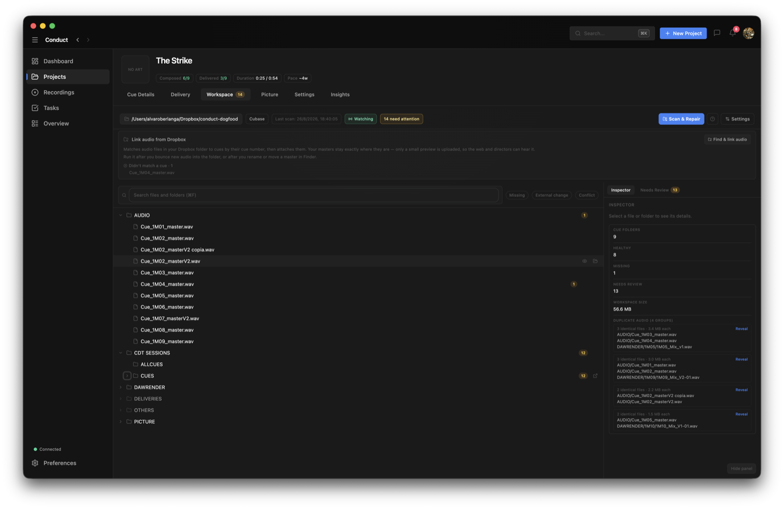 The Conduct Dropbox link panel after a scan, showing an audio file that did not match a cue