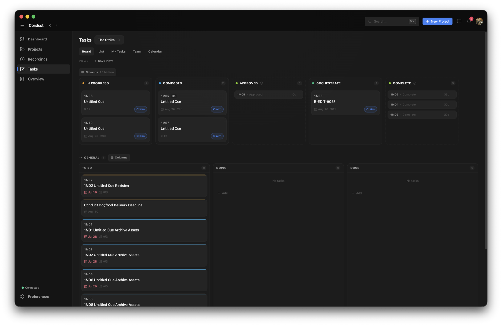 The Conduct task board showing cards organised into workflow stages