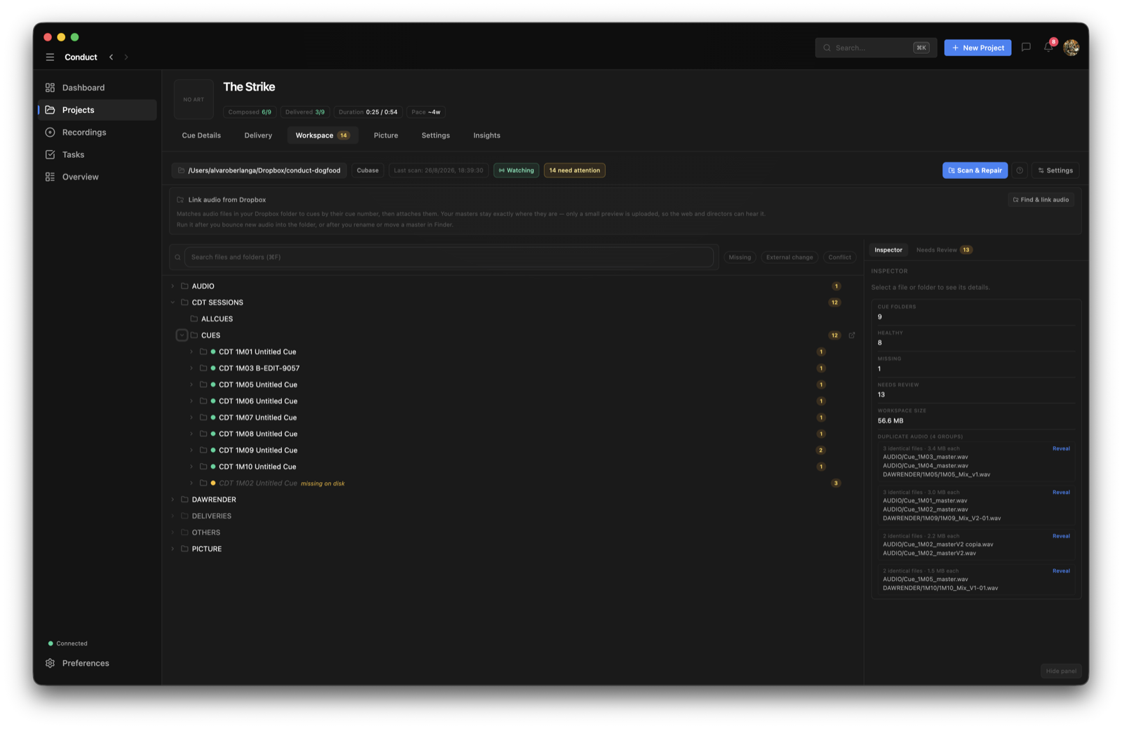 The Conduct Workspace screen showing a project folder tree with health indicators